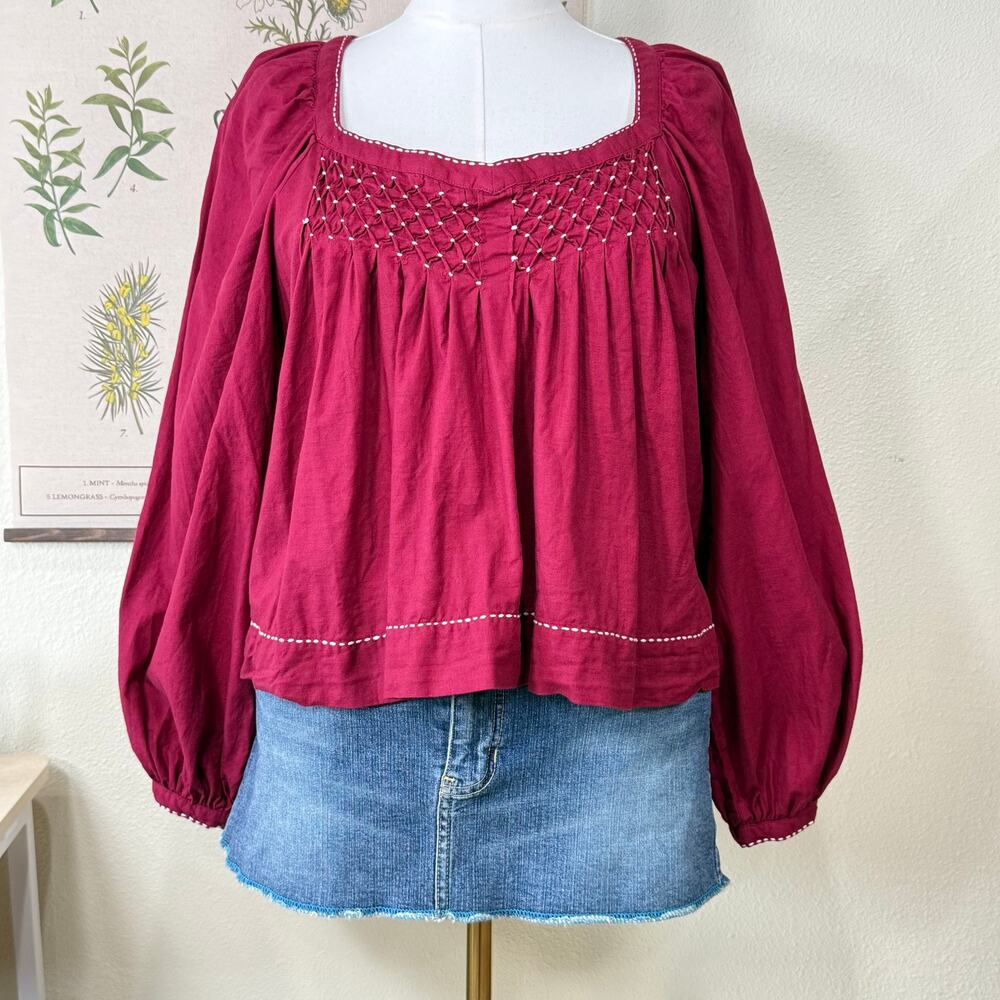 Red Smocked Embroidered Peasant Top Coastal Cowgirl Coquette Forest Cottage LP L